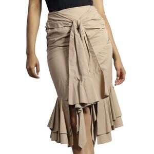 Avec Skirt Small Poplin Brown High Waist Ruffle Wrap Tie Sash Belted Lagenlook